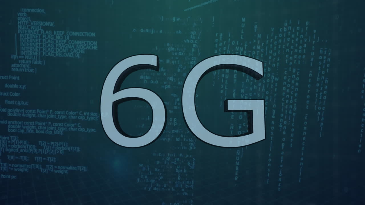 Animation of silver text 6g, with information and data processing, on dark grey
