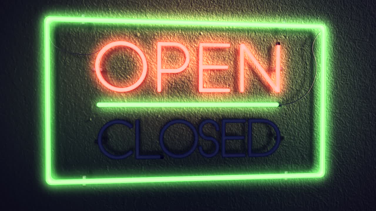 Realistic 3D render of a vivid and vibrant animated neon sign, with the word Open illuminated, with a concrete wall background