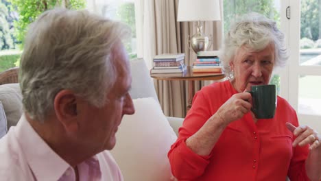 Serious-caucasian-senior-couple-sitting-in-sunny-living-room-talking-and-drinking-coffee