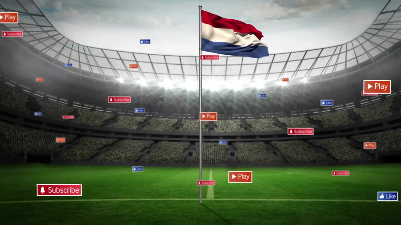 In stadium, animation of digital buttons and flag floating over green field