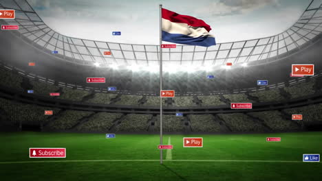 in stadium, animation of digital buttons and flag floating over green field