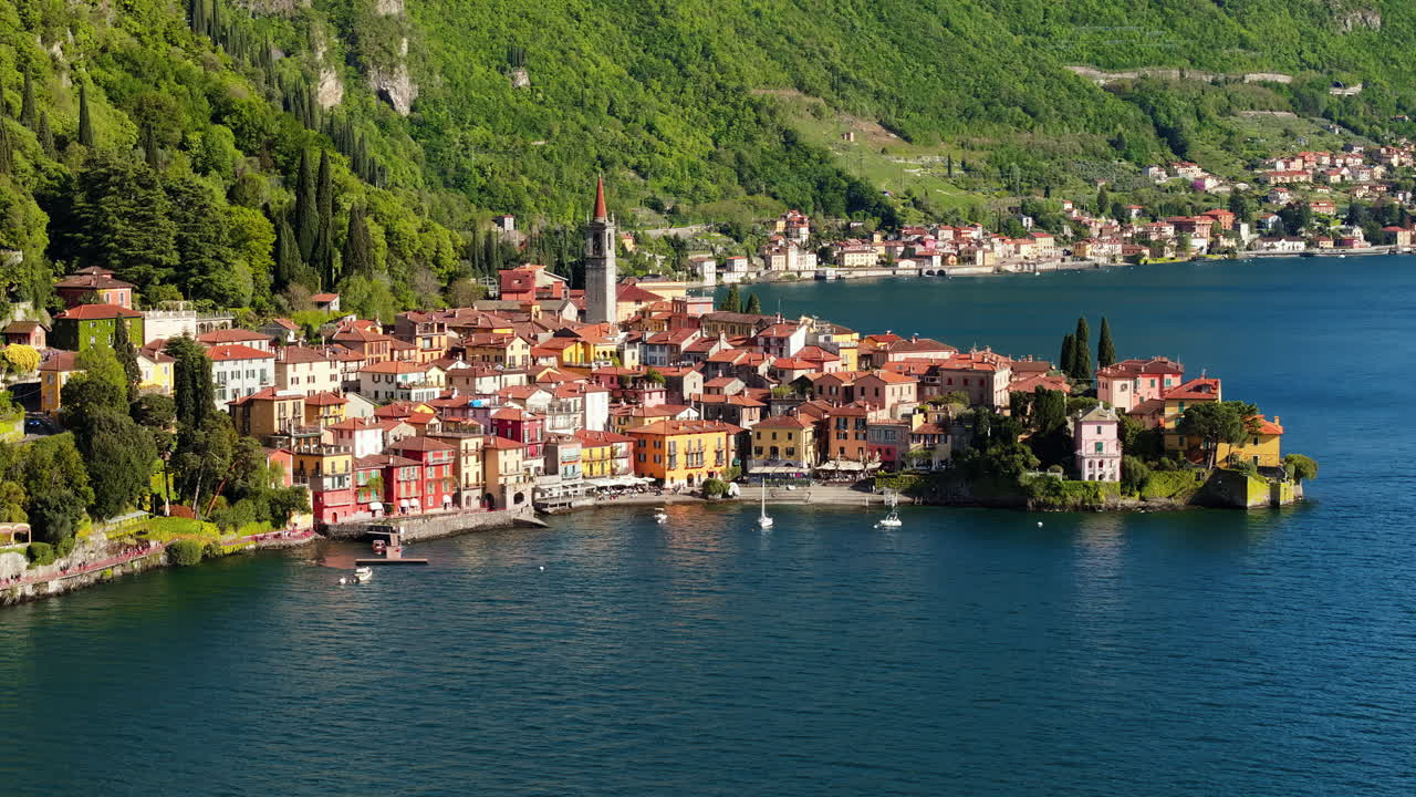 Aerial drone view of Varenna, Italy and Lake Como in daylight
