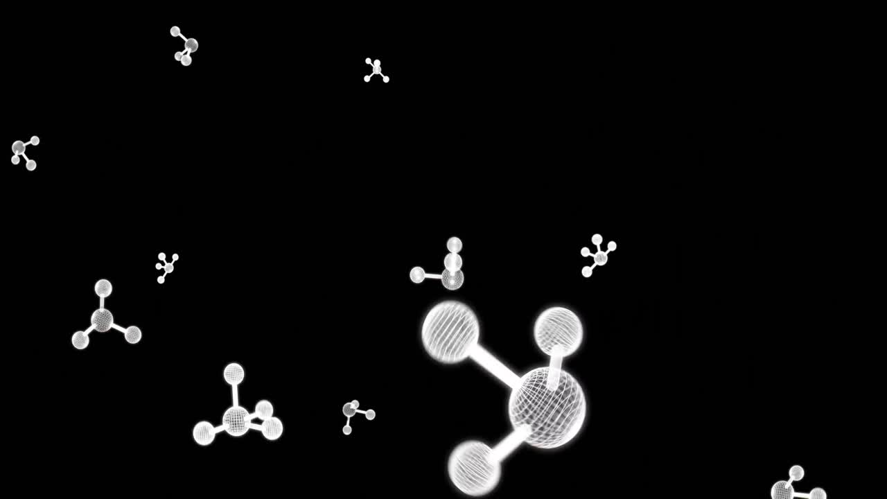 검은 바탕에서 움직이는 분자의 애니메이션