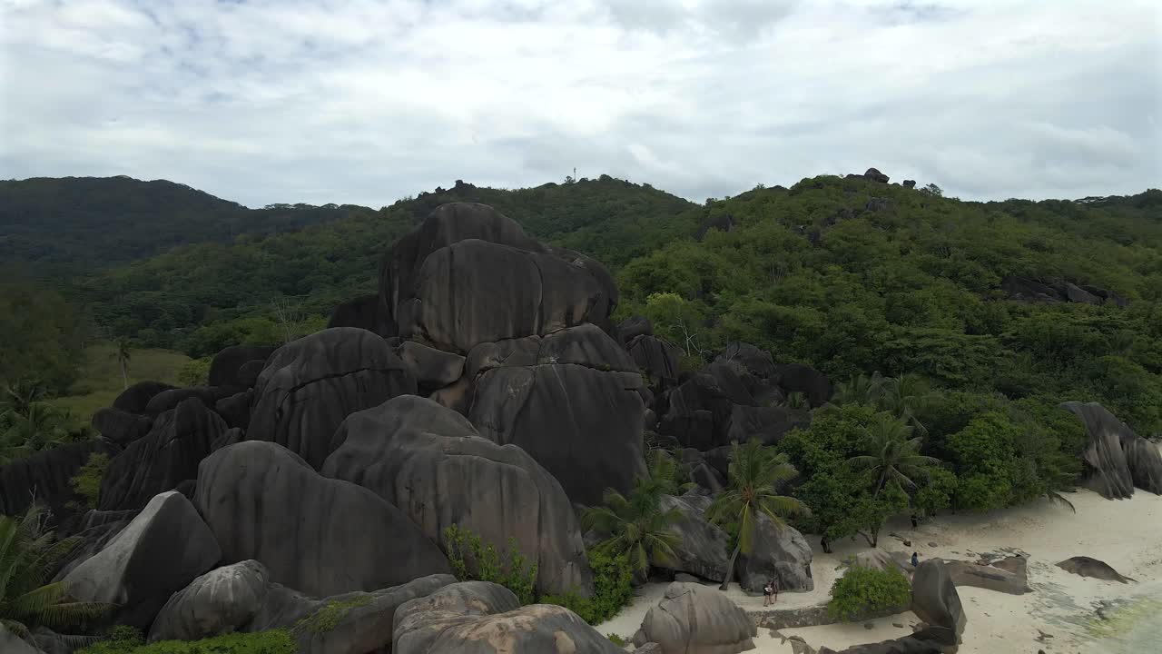 Anse Source d'Argent beach on island La Digue in Seychelles filmed from above