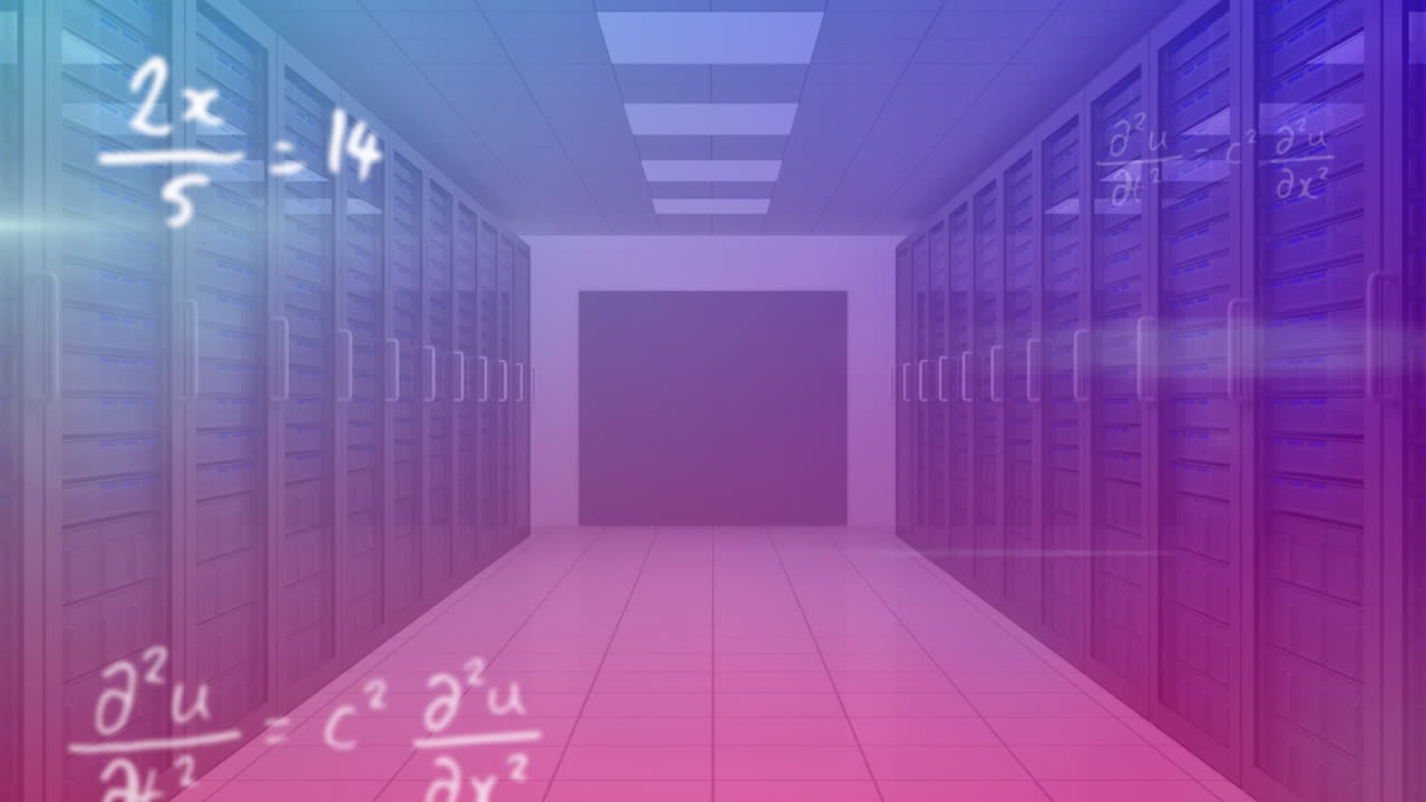 Mathematical equations moving against server room