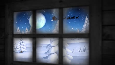 Window-frame-against-snow-falling-over-multiple-trees-on-winter-landscape-against-night-sky