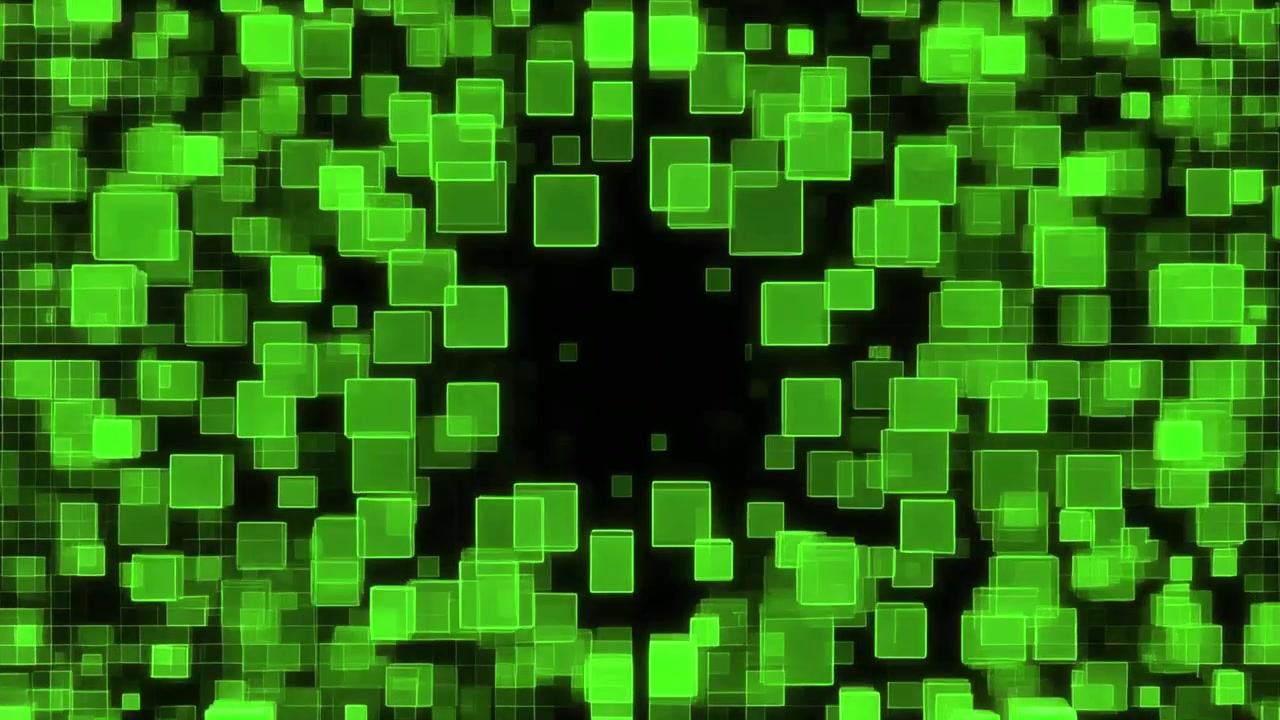 Abstract Digital Background with Glowing Green Squares and Grid