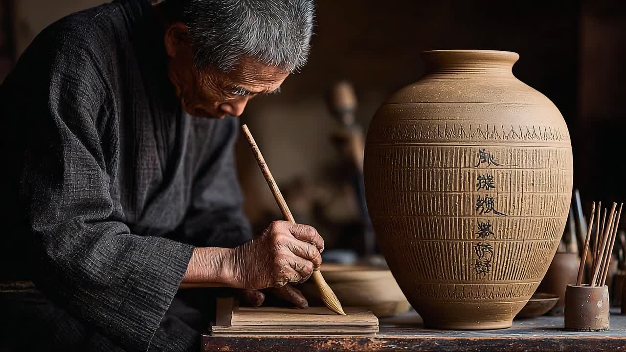 Master Artisan Engaging in Traditional Pottery Craft, Skillfully Carving Intricate Designs on a Clay Jar with a Wooden Tool in a Dimly Lit Workshop Environment