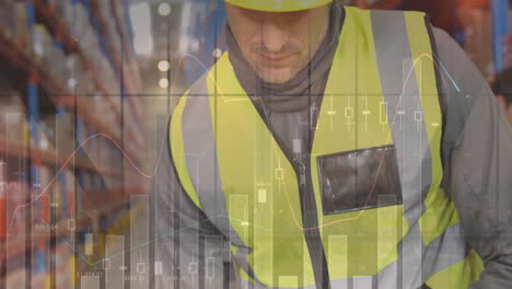 animación del procesamiento de datos sobre el hombre que trabaja en el almacén