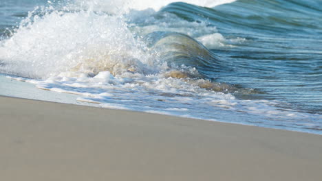 a wave cresting and breaking with white foam, captured in motion along the calm beach