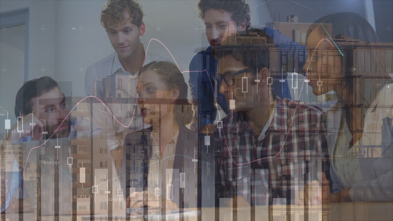Animation of financial graphs, data and cityscape over diverse businesspeople talking in office