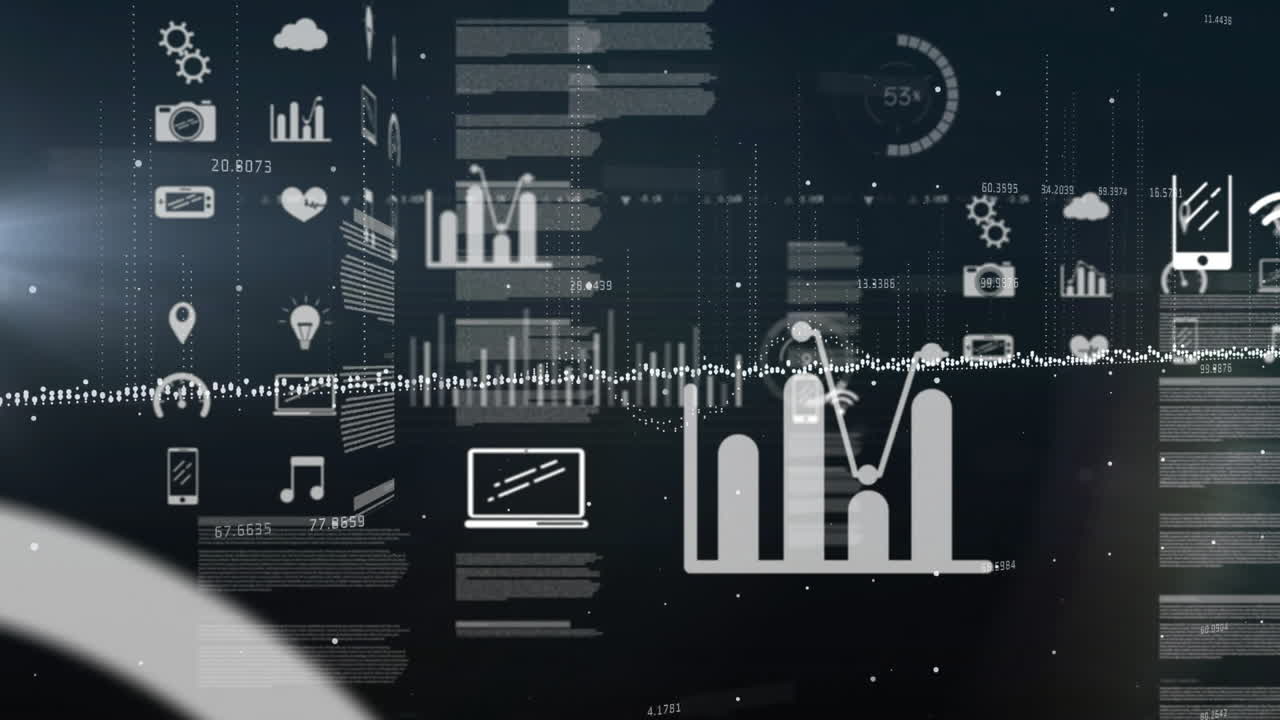 Animation of financial data processing over dark background