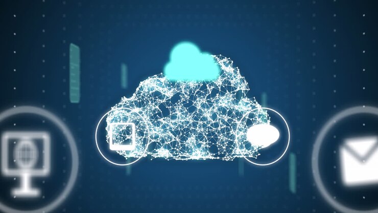 Animation of media icons and clouds over data processing