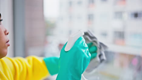 mujer, botella de aerosol y limpieza de ventanas en el hogar