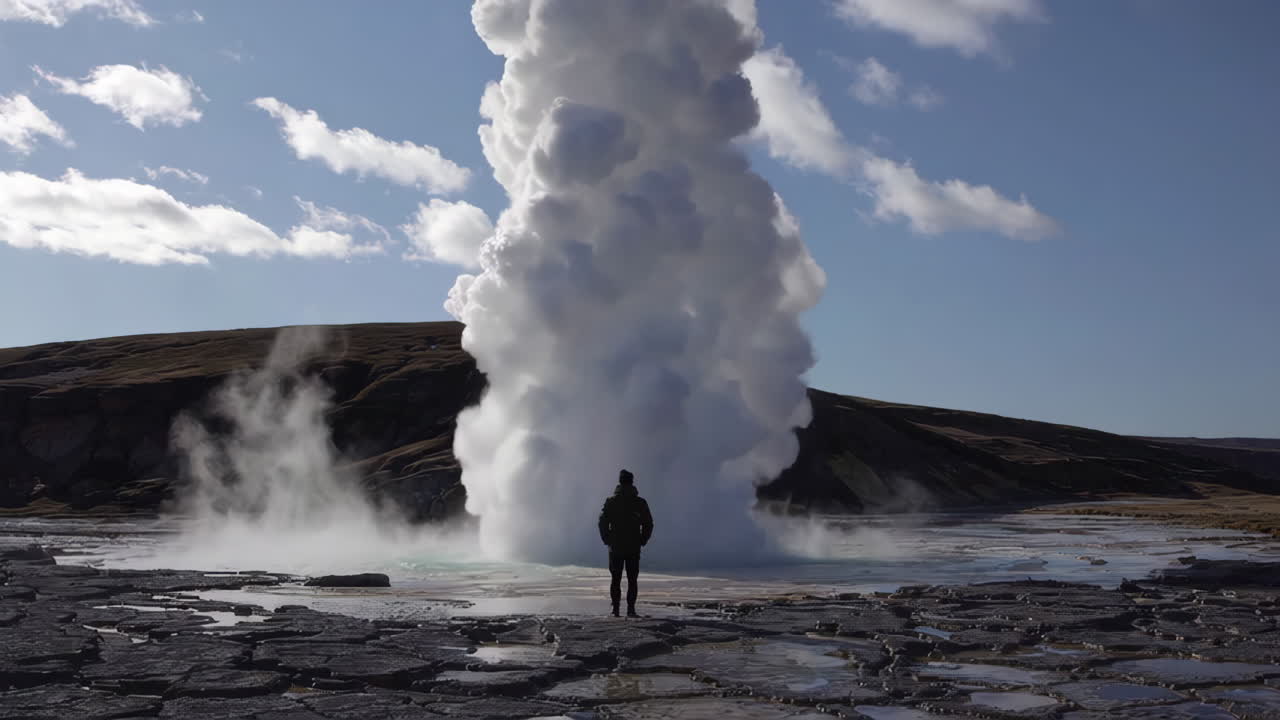 Person observing a powerful geyser eruption