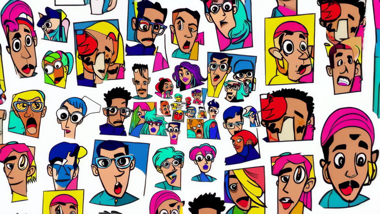 Vibrant Collage of Stylized Cartoon Characters and Abstract Faces