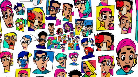 vibrant collage of stylized cartoon characters and abstract faces