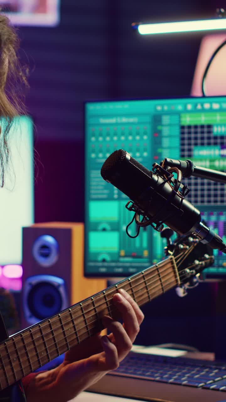 Musiker spiller akustisk guitar og indspiller musik i et studie