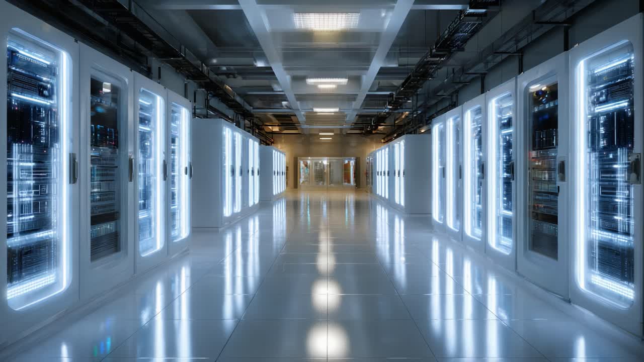 A Futuristic Data Center Corridor: A Cutting-Edge Environment Featuring Rows of High-Tech Server Racks with Illuminated Panels and Reflective Surfaces