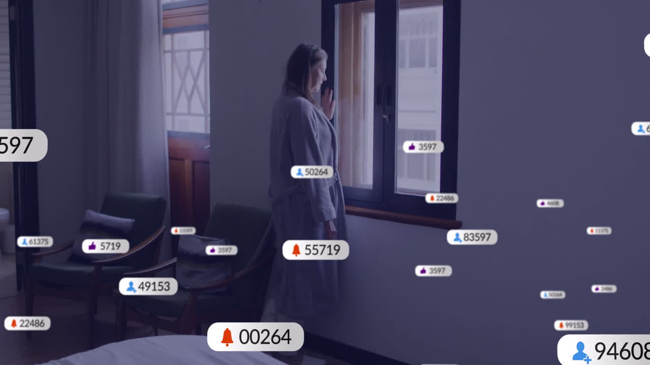 Looking out window, woman seeing animation of social media notifications around her
