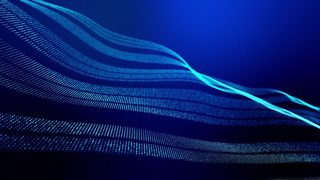 4k looped abstract background of glow particles form lines, surfaces as futuristic landscape in cyberspace or hologram. Sci-fi theme of microworld, nanotechnology or cosmic space. Blue stripes 3