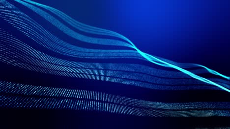 4k looped abstract background of glow particles form lines, surfaces as futuristic landscape in cyberspace or hologram. sci-fi theme of microworld, nanotechnology or cosmic space. blue stripes 3