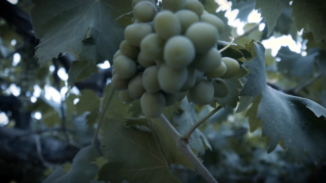 느린 동작으로 촬영, 유기농 포도 나무, 잎 및 미성숙 녹색 포도 칠레