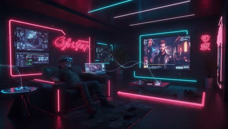 futuristic cyberpunk living room with neon lights and virtual reality experience captured in two frames, illustrating an immersive gaming atmosphere
