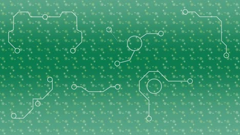 animation of geometric shapes over green background with rotating molecules