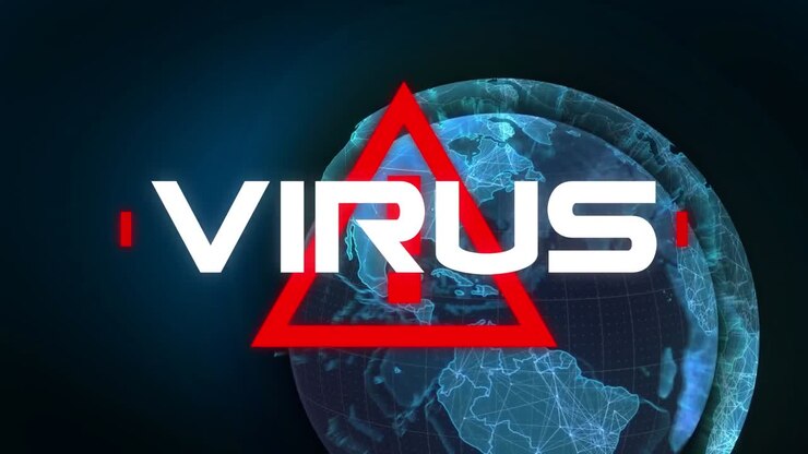 Animation of the word Virus written over red triangle warning road sign and globe spinning in the ba