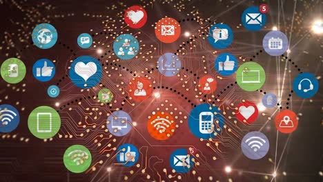 animation of network of connections with social media icons over computer circuit board