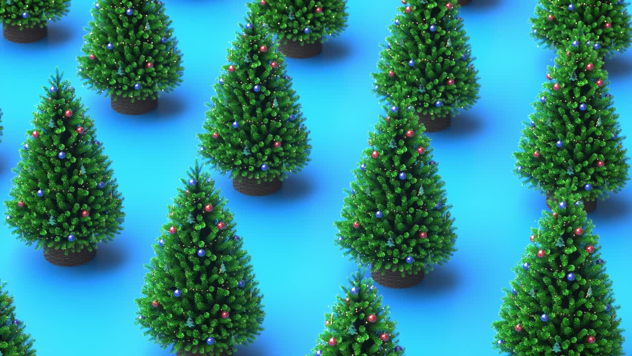 파란색 배경에 회전하는 크리스마스 트리, 빨간색과 파란색 장난감 공, 장식, 메리 크리스마스 및 행복한 새해 개념, 크리스마스 나무, 겨울 휴가 기호, 이소메트릭, 4k의 3d 루프 애니메이션