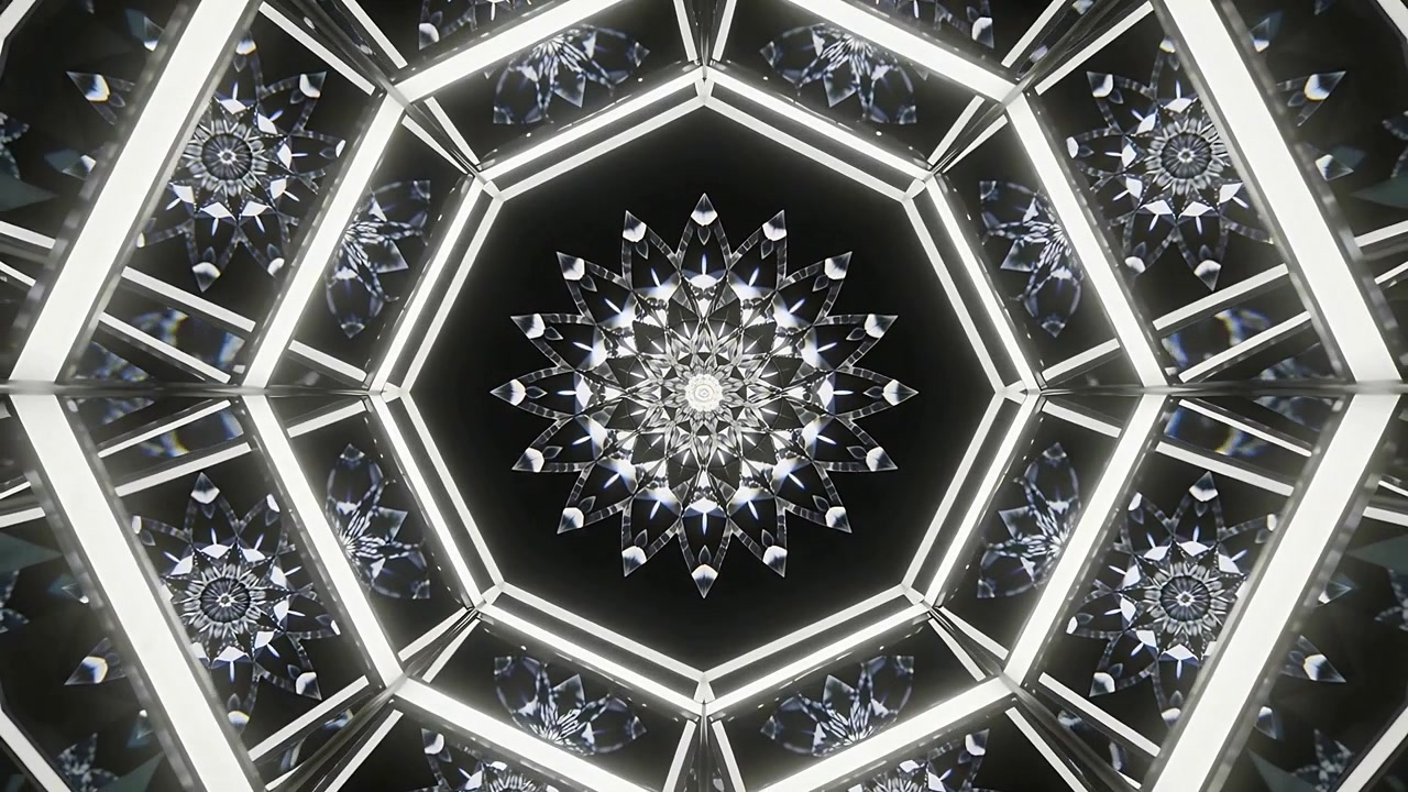 Rotating crystal star shifting on playback in mirrored chamber, showing octagonal light bars