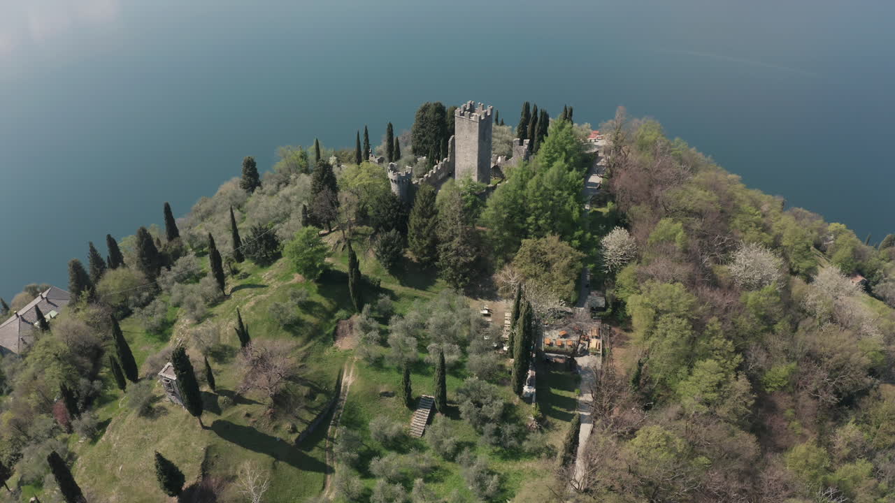 Vezio Medieval Castle above Varenna, on Lake Como in Italy, from a Drone