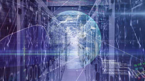 animation der datenverarbeitung und des globus über dem serverraum