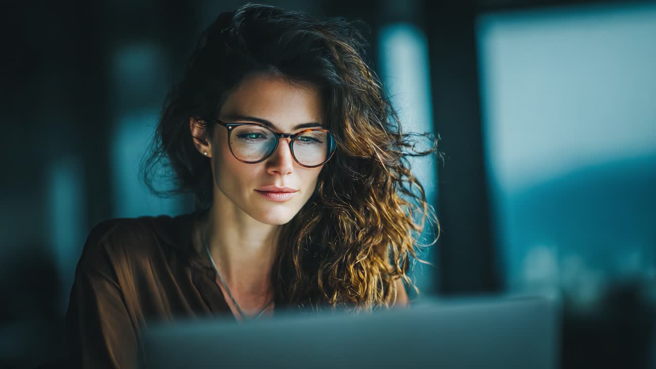 Focused Woman Engaging with Laptop: A Study in Concentration, Technology, and Creativity Amidst a Modern Workspace Environment