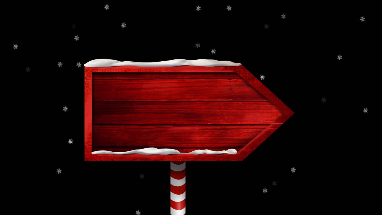 Animation of red wooden sign with copy space and snow falling over black background