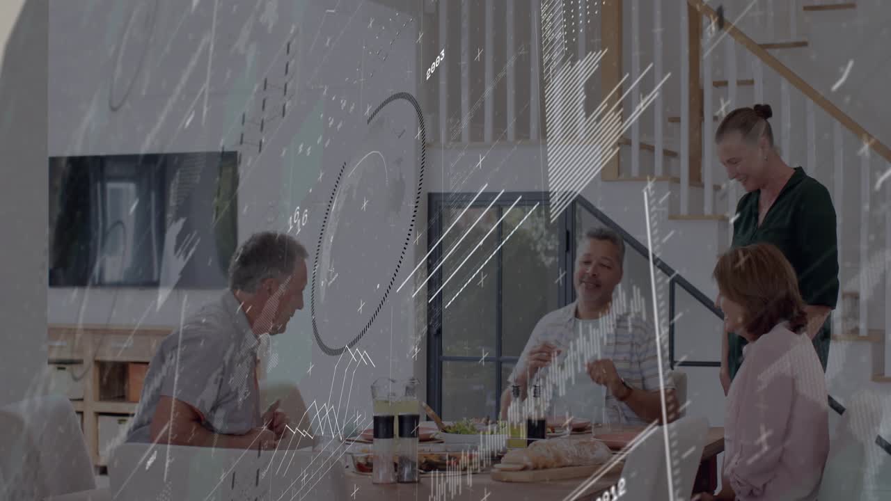 Woman serving tray from right placing plates passing them, group dining faint tech chart overlay