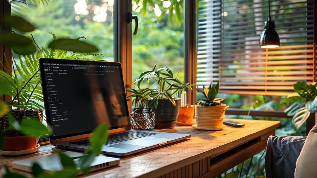 A cozy workspace with a laptop, plants, and natural light