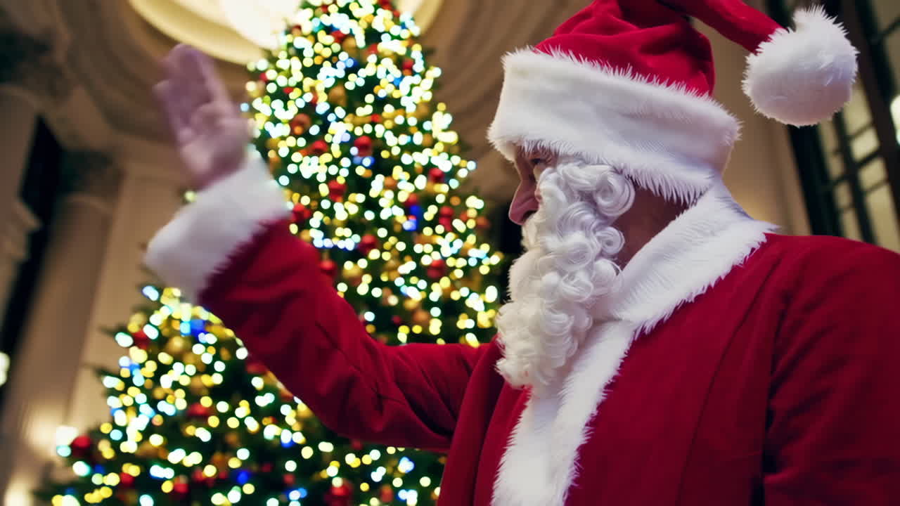 Santa Claus in a grand hall during Christmas