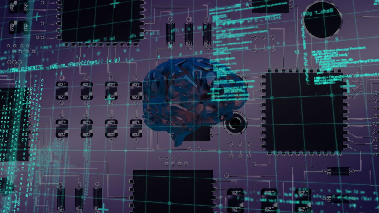 animación del procesamiento de datos y el cerebro sobre la placa de computación