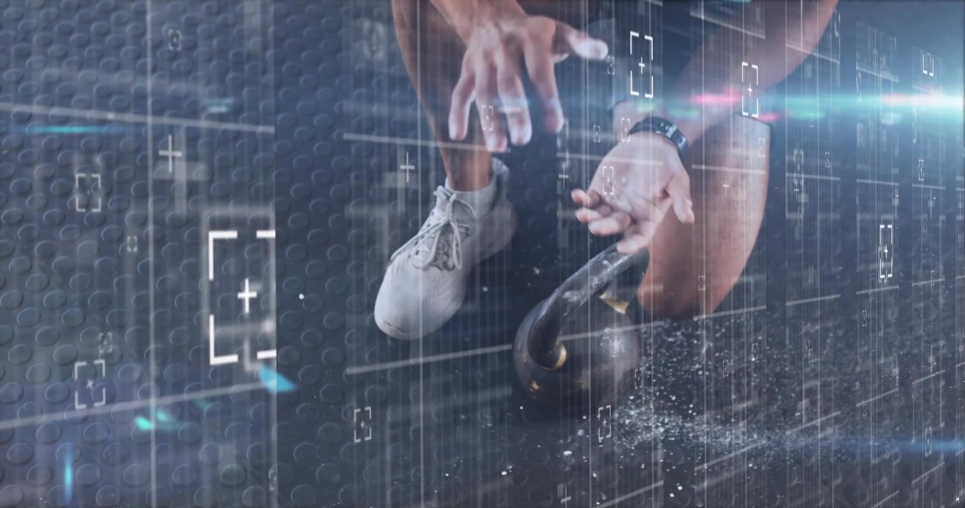 Man dipping hands into chalk in gym, generating dust as overlays guiding kettlebell training