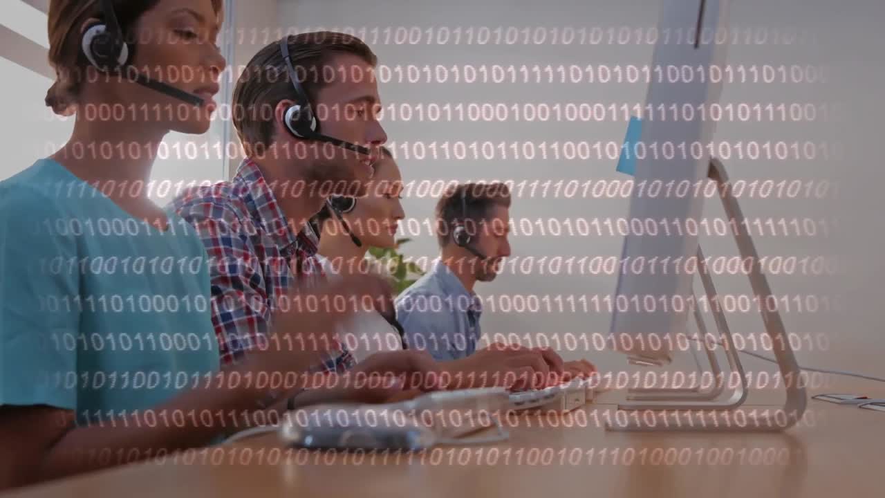 Animation of binary code over people wearing phone headsets