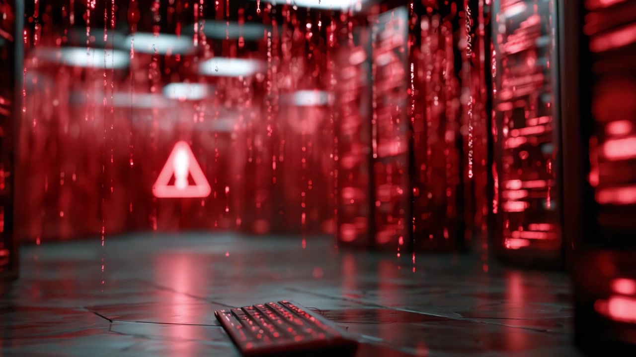 A Futuristic Data Center Illuminated by Red Lights, Featuring a Warning Sign with a Keyboard on the Floor, Displaying an Atmosphere of Urgency and High-Tech Surveillance