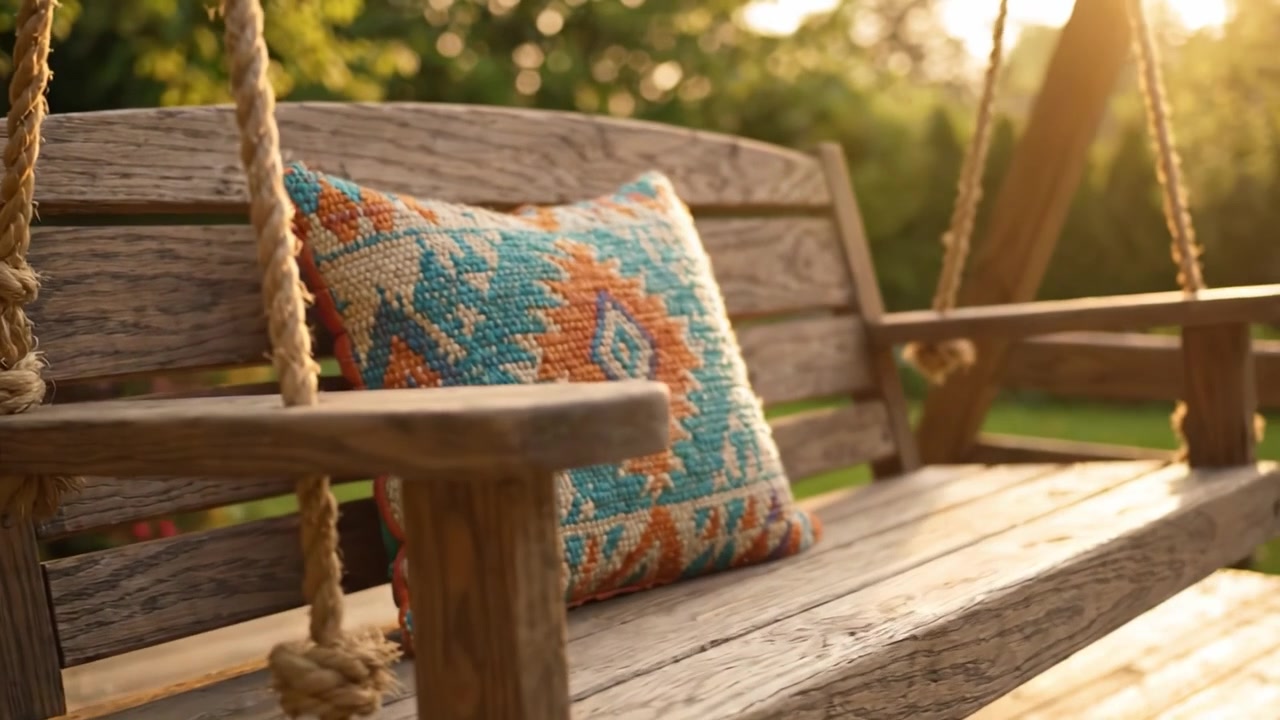 A Tranquil Swing Seat Outdoors Featuring a Colorful Textile Pillow in a Serene Garden Setting Illuminated by the Warm Glow of the Setting Sun