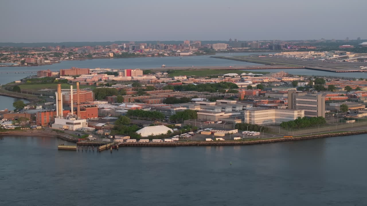 Aerial view of Rikers Island. Shot at sunset during the springtime in New York City.Aerial view of Rikers Island Jail