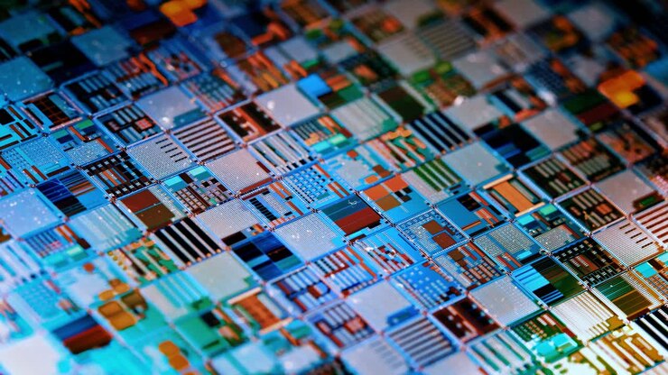 Primo piano di un wafer a semiconduttore in silicio. In elettronica, un wafer, chiamato anche slice o substrato, è una sottile fetta di semiconduttore, un silicio cristallino, utilizzato per la fabbricazione di circuiti integrati