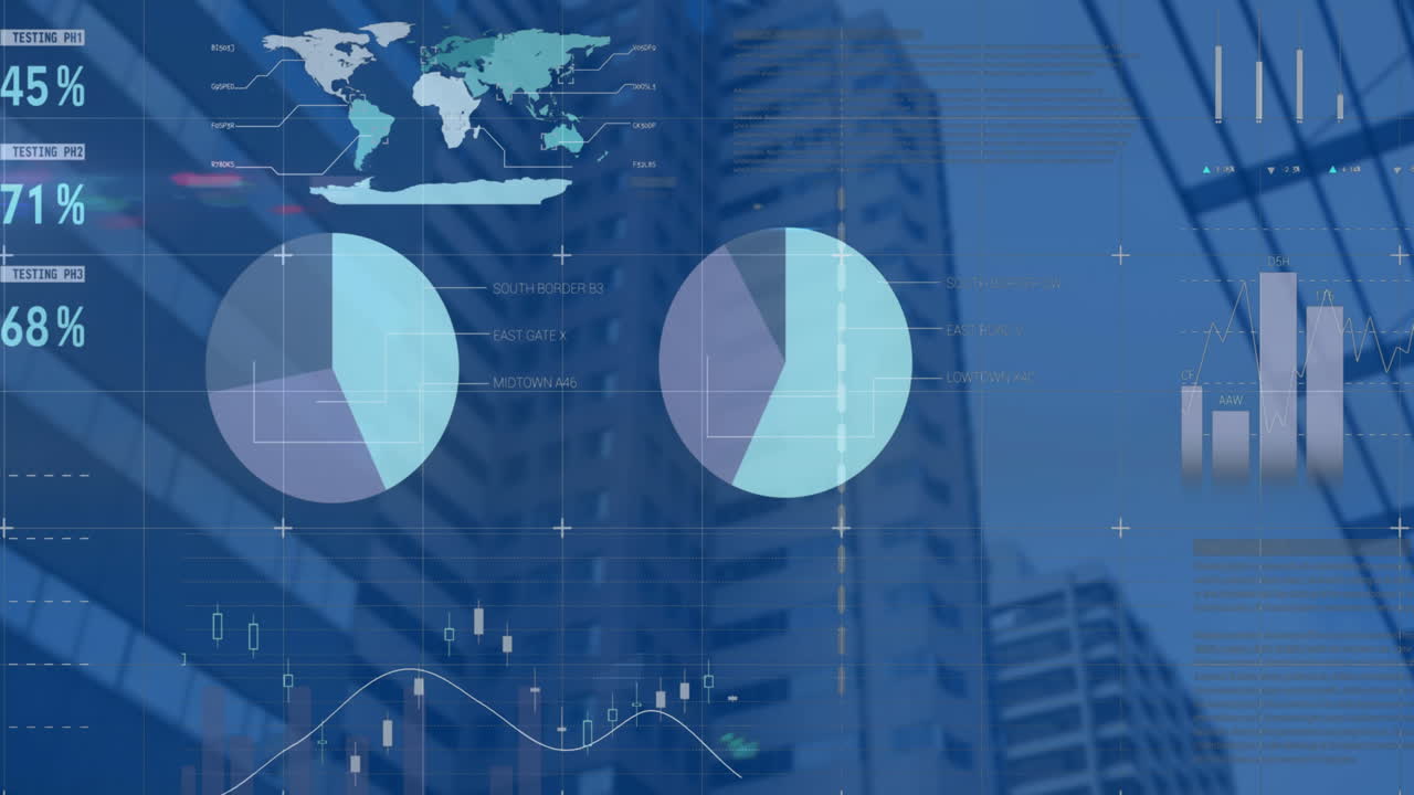 Animation of data processing and world map over cityscape