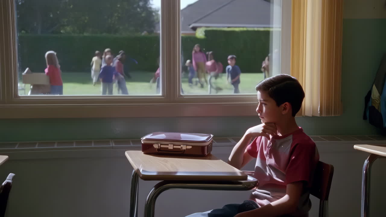 A lonely boy looks out a classroom window at children playing outside
