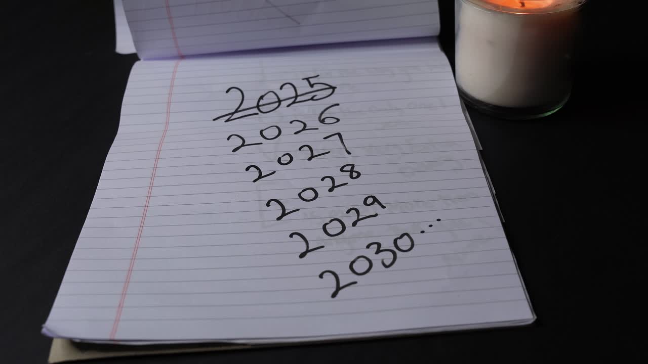 Close-up of hands turning a lined notebook showing handwritten years 2025–2030 beside a lit glass candle, low-light indoor scene with warm glow and dark background